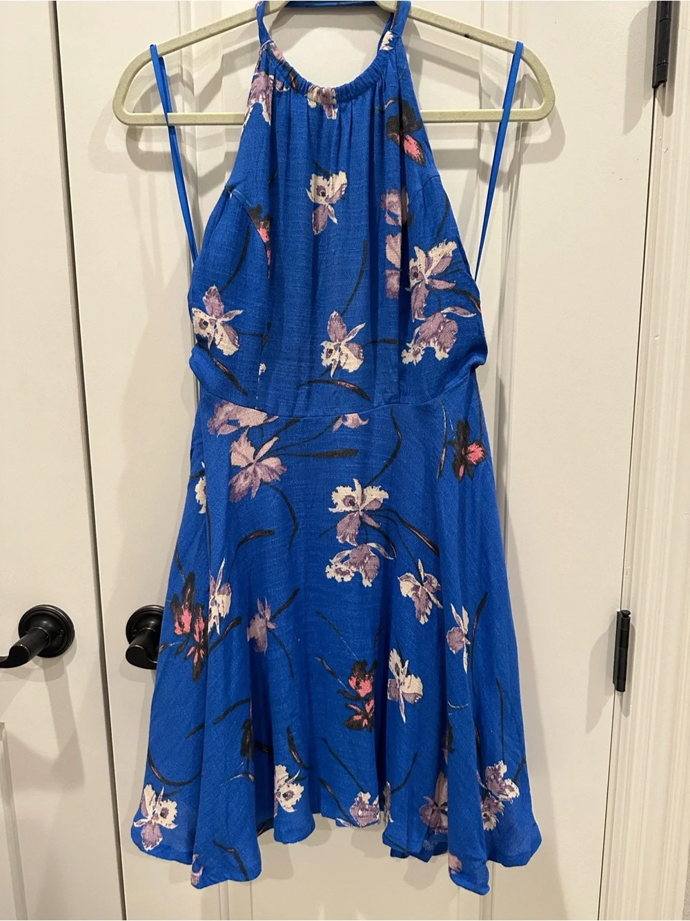 Free People Cobalt Blue Floral High-Neck Halter Mini Dress, size 8